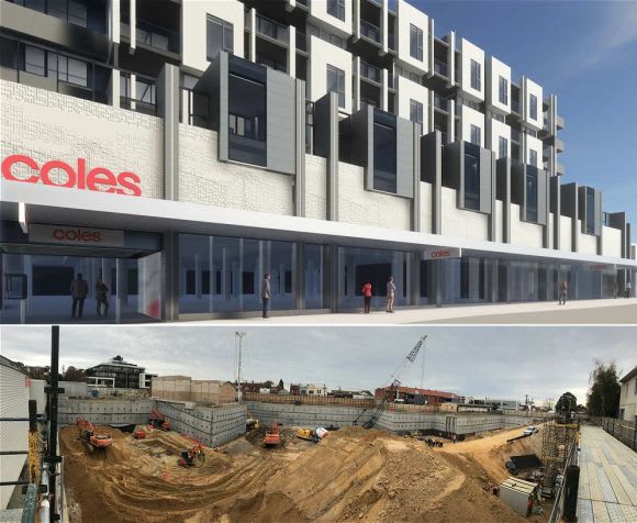 The Mark and April's construction status. Images: Hacer Coles Group pushes shop top apartment developments in Melbourne and Sydney