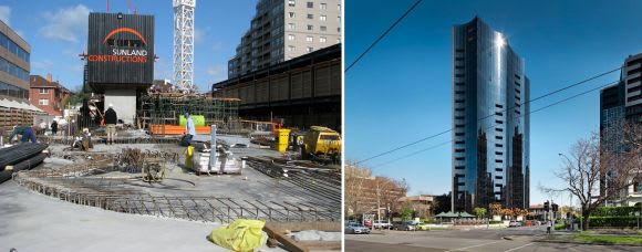 Construction and the finished product. Image: RealestateVIEW Melbourne under construction - a decade ago