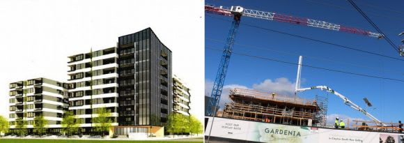 Cedar Woods' latest alongside Gardenia Apartments progress during late August. Image: DKO Architecture Salta and Cedar Woods upsize their Monash intentions