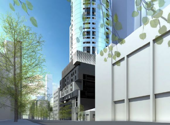 The Jenga-like podium envisaged from King Street. Image © Plus Architecture Planning application: 295-309 King Street, Melbourne