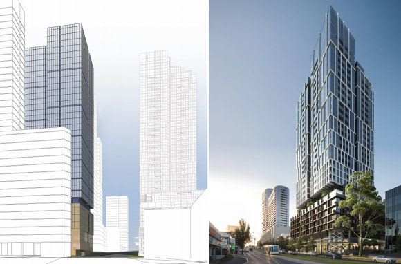 843 Whitehorse Road and East Central Tower in context. Images: Fender Katsalidis LongRiver Group's three bedroom surprise for their third Box Hill skyscraper