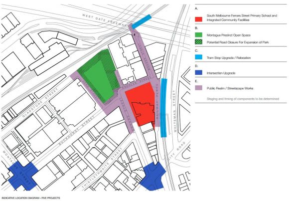 Location diagram outlining the five projects The wraps come off Fishermans Bend's new community precinct