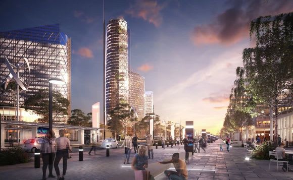 Ground level perspective. Image: Woods Bagot Further details emerge for Western Sydney's proposed World Trade Centre