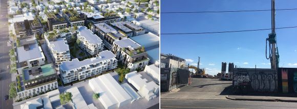An early East Brunswick Village render along with current piling works onsite Nicholson Street's apartment activity slips into top gear