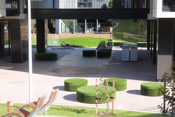 Green space and considered placemaking is apparent Deakin Burwood's new student accommodation building embraces the space