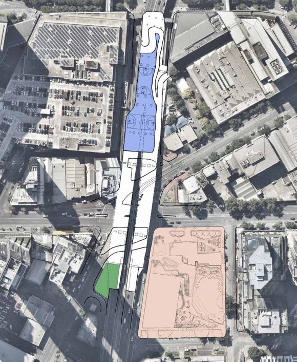CoM is exploring options to expand the size of the park into the adjacent Kings Way under-croft space. Image : City of Melbourne City of Melbourne's Concept Designs for Boyd Park revealed