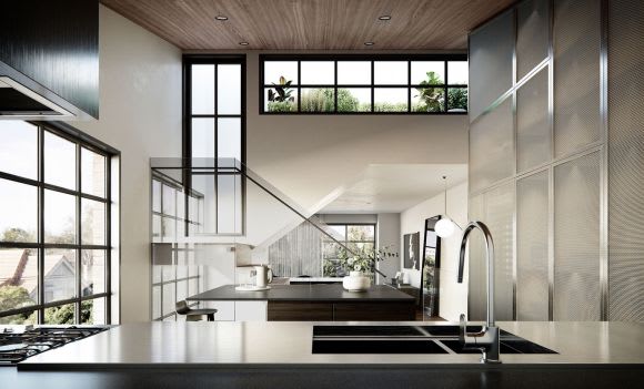 Shelley St townhome kitchen render. Credit: Oz Property Group Urban's tour of the Shelley St display suite