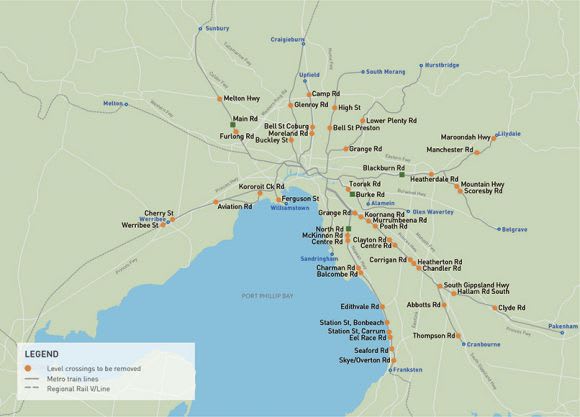 The 50 level crossings the Government aims to remove over eight years. Economicdevelopment.vic.gov.au St. Albans, Blackburn and Mitcham set to see more level crossing removals