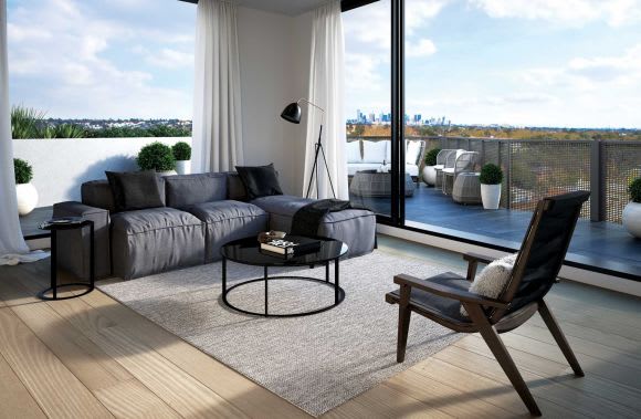 Rendering of the living room and the wide wrap balcony. Rendering of the living room and the wide wrap balcony.