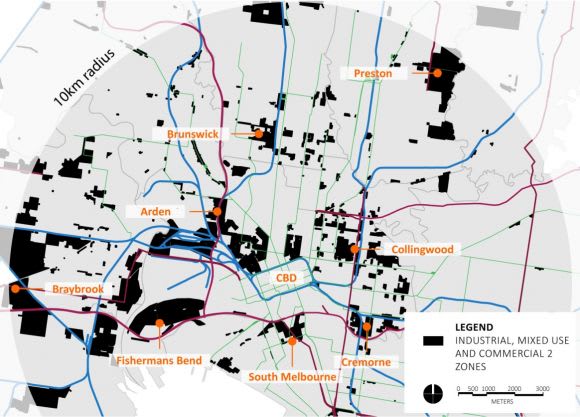 Inner Melbourne has substantial older areas of industrial land which are well suited for employment-generating activities (map source – Echelon Planning) Retaining and creating spaces for the collaborative work revolution