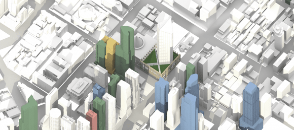 Aerial of a redeveloped Elizabeth/La Trobe corner building for Melbourne Central Addressing Elizabeth Street: Melbourne Central (part two)