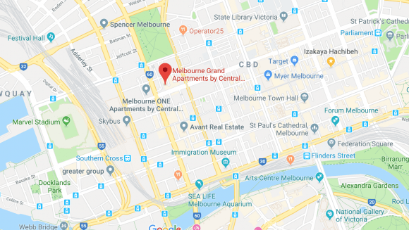 Location of Melbourne Grand Apartments, 560 Lonsdale Street, Melbourne. Image by Google Maps. Melbourne Grand location