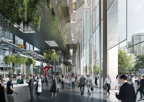 Interior image of the public realm along City Road. Image: Woods Bagot + MVRDV Southbank by Beulah: MVRDV & Woods Bagot - The Stack