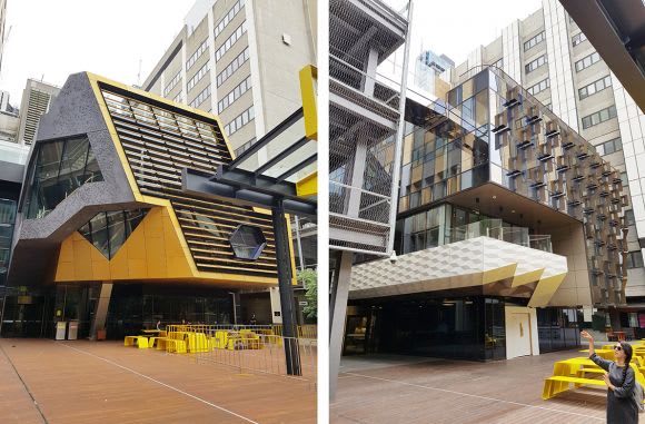 A juxtaposition of architectural forms combine to activate Bowen Street. A tour of RMIT's New Academic Street