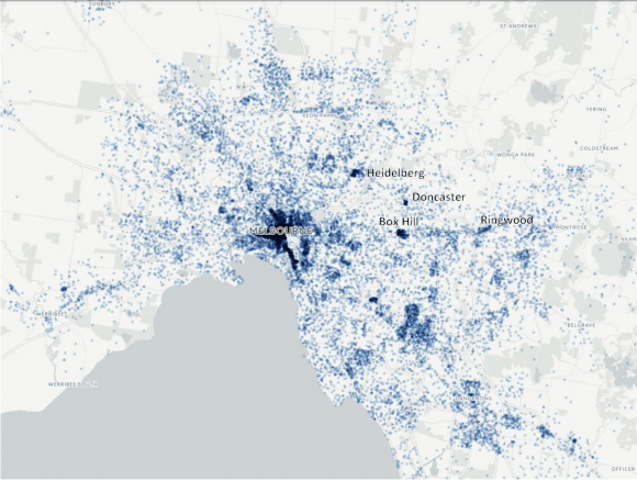 Job clusters in metropolitan Melbourne, map from the North East Link business case 'Melbourne's poor orbital connectivity is constraining the economic potential of Victoria'