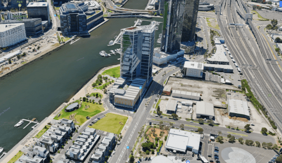 The preferred position of a new tram, pedestrian and cycle bridge - Collins Street and Hartley Street (bottom right) - Google Earth Walking, bikes and public transport the big focus in Fishermans Bend's integrated transport plan