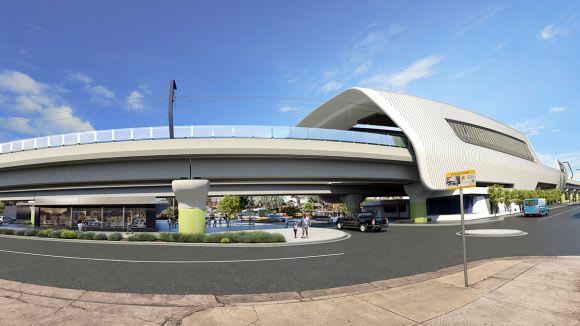 Render of the new Noble Park station - image LXRA New station canopy and escalators appear at Noble Park