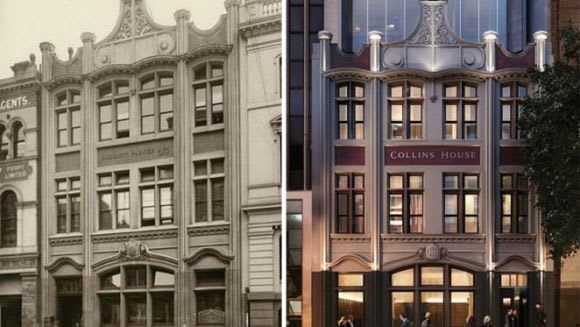 L-R: The original building at 446 Collins Street, the new development Collins House Hickory's George Abraham discusses heritage retrofits, hotel sector growth and the 2020 construction pipeline