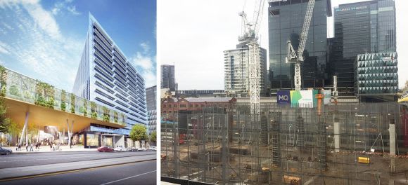 Construction progressing at a rapid rate on One MQ. Render: Lendlease Tower Wars Episode V: The Office Strikes Back