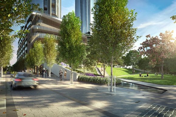 Melbourne Square's towers rising behind the new park designed by landscape architects TCL. Image: OSK Property Melbourne Square to add some much needed green infrastructure to Southbank