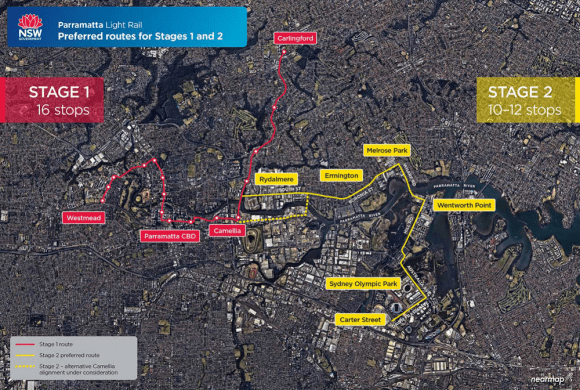 Route map of Phase 1 and Phase 2 of the Parramatta Light Rail project - image: Transport for NSW NSW Government appoints contractor for enabling works on Parramatta Light Rail