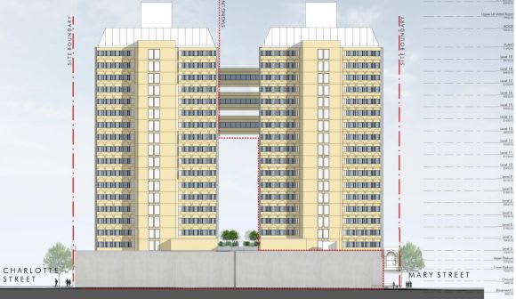 The existing outdated 19 level towers. Australia's first twin tower conversion and refurbishment is underway