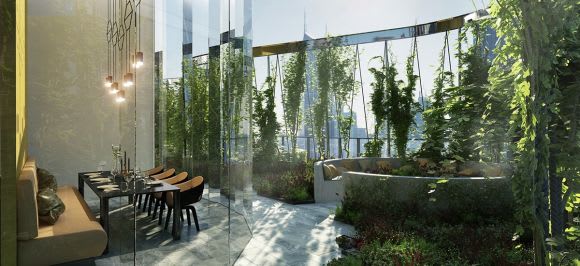 An outdoor garden terrace with indoor dining and lounge space. Premier Tower amenities