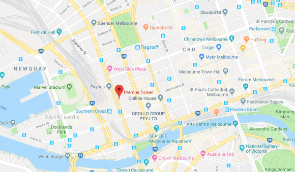 Location of Premier Tower, Melbourne CBD. Image by Google Maps Premier Tower location