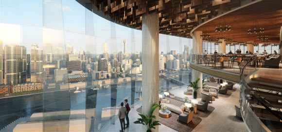 The mid-tower Sky Lobby for Ritz Carlton hotel guests will offer a spectacular vantage point over Sydney Harbour and CBD. Image: FJMT Ritz-Carlton Tower at The Star adds to Darling Harbour's rejuvenation