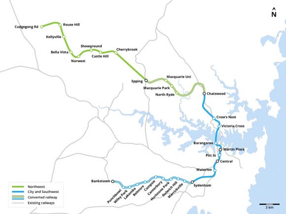 Map of Sydney Metro phases 1 and 2. Image: wikipedia Tunnelling under Sydney CBD complete for the second phase of Sydney Metro