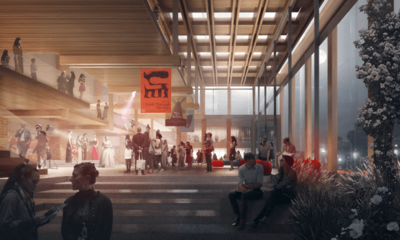 Chrofi and NBRS Architecture's foyer design. Credit: Chrofi and NBRS Architecture Three designs shortlisted for Sutherland Entertainment Centre's refurbishment