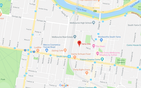 Location of Yarra One in proximity to its surroundings, South Yarra. Image by Google Maps. Yarra One location