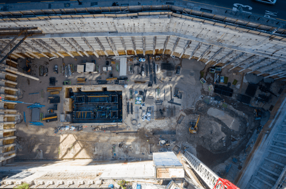 Aerial view of the site. St Leonards' new 43-storey tower 'The Landmark' commences construction