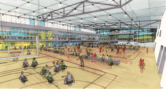 Interior design of the recreation centre featuring multi-purpose sports courts. Credit: City of Melbourne City of Melbourne releases latest concept designs for the Kensington Community Recreation Centre