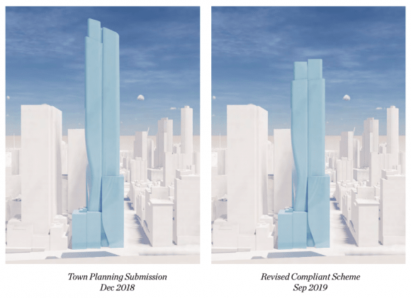 Before and after designs, L-R 2018, 2019. Credit: Bates Smart Bates Smart release new designs for 435 Bourke Street in response to Melbourne City Council height amendment request