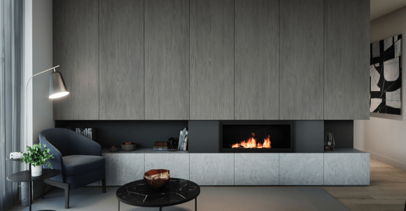 VALIA apartment custom fireplace. Image supplied. VALIA apartments provide downsizers with the perfect lock-and-leave lifestyle in Ivanhoe