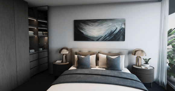 VALIA apartment bedroom. Image supplied. VALIA apartments provide downsizers with the perfect lock-and-leave lifestyle in Ivanhoe