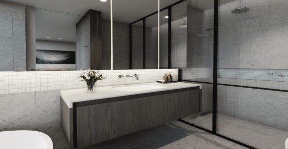 VALIA apartment bathroom. Image supplied. VALIA apartments provide downsizers with the perfect lock-and-leave lifestyle in Ivanhoe