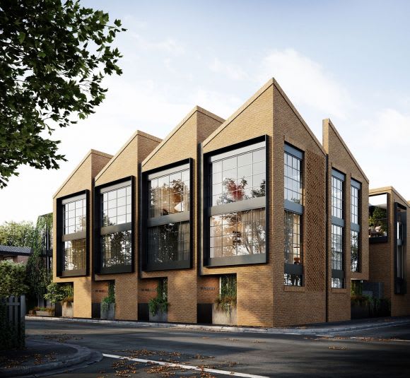 Shelley St townhome exterior facade render. Credit: Oz Property Group Urban's tour of the Shelley St display suite