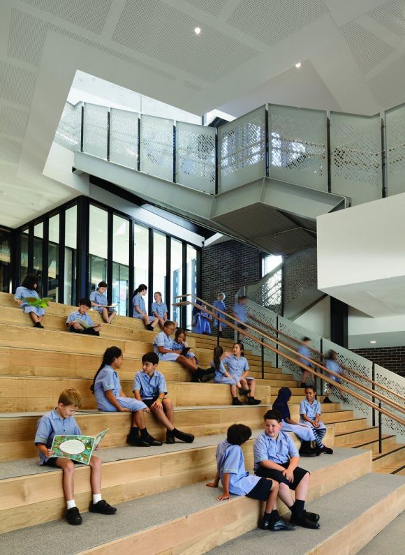 The cavernous piazza with staircase to the roar A first look inside Hayball's South Melbourne Primary School