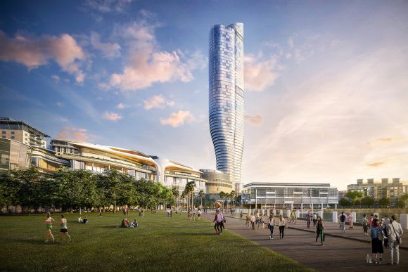 The tower's distinctive form from Pyrmont Bay Park. Image: Scharp 3D Visualisation & Property Marketing Ritz-Carlton Tower at The Star adds to Darling Harbour's rejuvenation