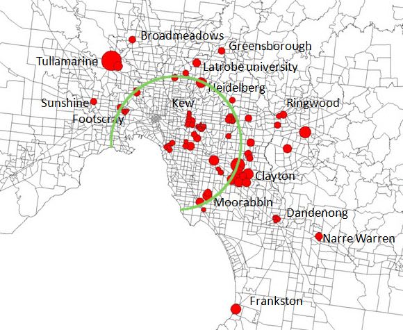 The near-perfect circle of job hubs around middle-Melbourne How many suburban Melbourne job centres could be connected with a circular railway?