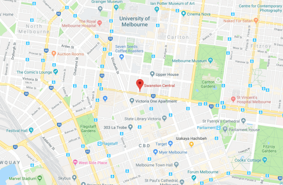 Swanston Central located at 168 Victoria Street, Carlton. Image by Google Maps. Swanston Central location