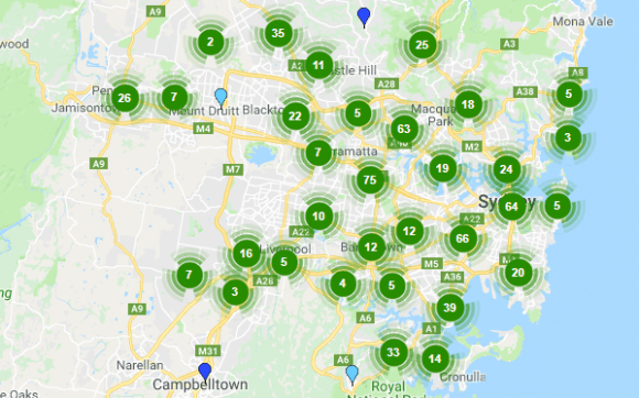 The geographic spread of Sydney's projects Melbourne and Sydney; Urban National Project Database observations
