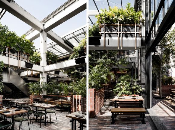 The indoor/outdoor Bee Garden woth its retractable roof. Images: Supplied TILT and Technē shed some light on the Village Belle Hotel revamp