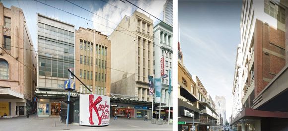 The current condition of both Bourke Street Mall and Liittle Collins Street frontages. Images : GoogleMaps Updated designs for The Walk Arcade & Hotel revealed?