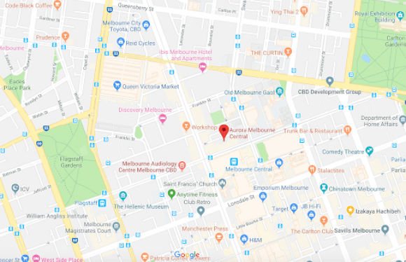 Location of Aurora Melbourne Central, the heart of the city. Image by Google Maps. Aurora Melbourne Central location