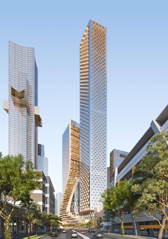 To maximise solar permeability to City Road, the scheme is split into two towers. Image: UN Studio and COX Architecture Southbank by Beulah: UN Studio & COX Architecture - The Green Spine
