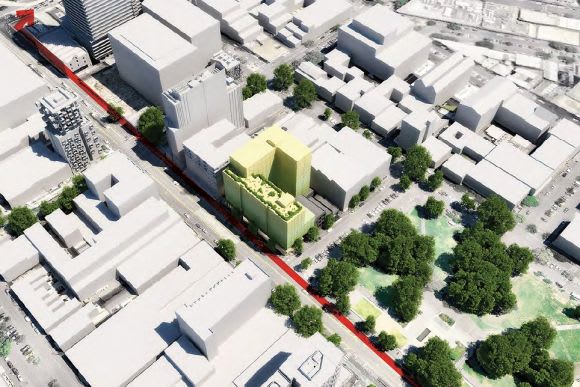 UoM's new building in context. Planning image: Hayball UniMelb adds Swanston Street to their student accommodation portfolio