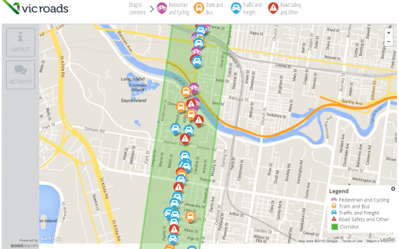 Screenshot of VicRoads' community consultation map Have your say: Hoddle Street-Punt Road corridor
